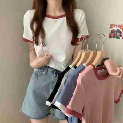 Contrast color round neck short sleeve t-shirt