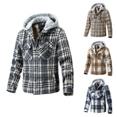 Fleece-lined hooded plaid coat