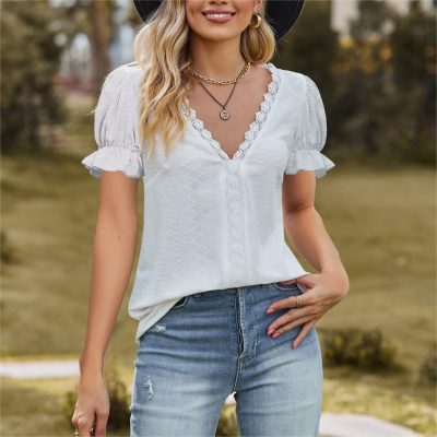 Jacquard V-neck lace top