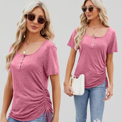 Button U-shaped collar drawstring top