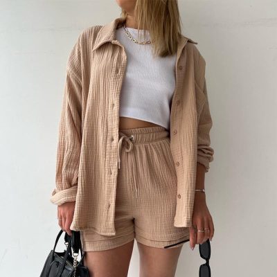 Long sleeve shirt high waist shorts suit（Unlined）