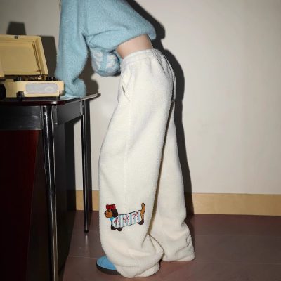Sausage dog embroidered polar fleece pants