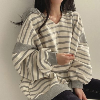 V-neck striped hoodie