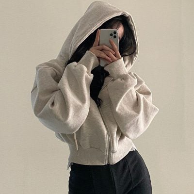 Short solid color hooded sweater