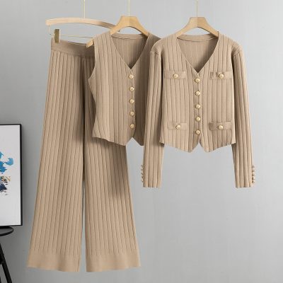 Wide leg pants sweater three-piece set