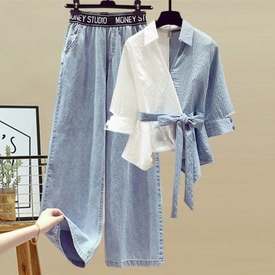 Striped shirt high waist jeans two-piece set
