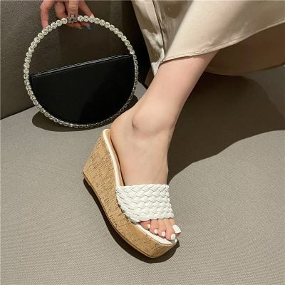 Hemp rope platform wedge slippers