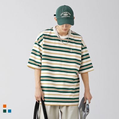 Couple's contrast color striped T-shirt