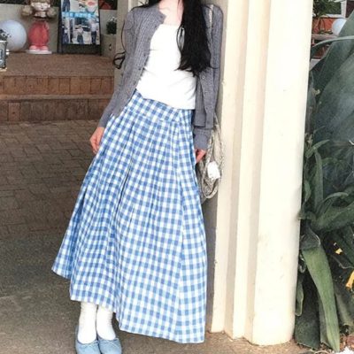 Blue and white plaid A- line skirt