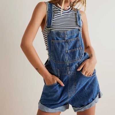 Multi-pocket strap one-piece Denim shorts