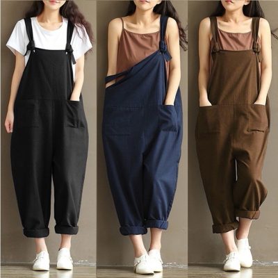Plus size cotton and linen suspender jumpsuit
