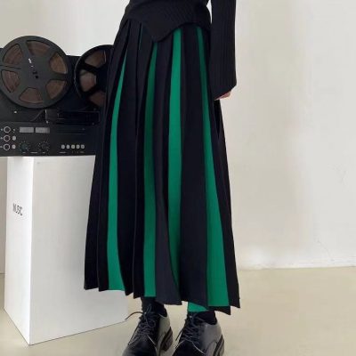 Color matching high waist pleated umbrella skirt