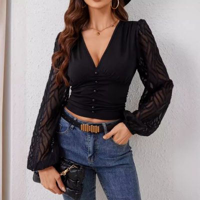 Chiffon lantern sleeve peplum top