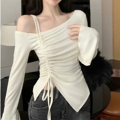 Off-the-shoulder long sleeve irregular top