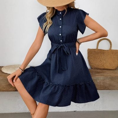 Polka dot ruffle sleeve lace-up dress