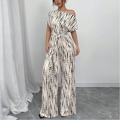 Striped shoulder one-piece wide-leg trousers