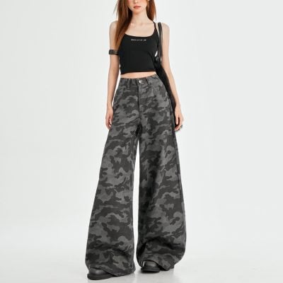 Retro camouflage workwear wide-leg pants