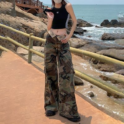 Camouflage flanging low waist overalls