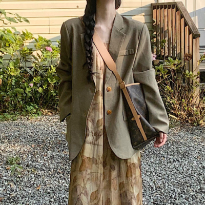 Elegant brown blazer+dress two-piece set