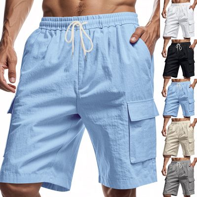 Linen drawstring multi-pocket workwear shorts