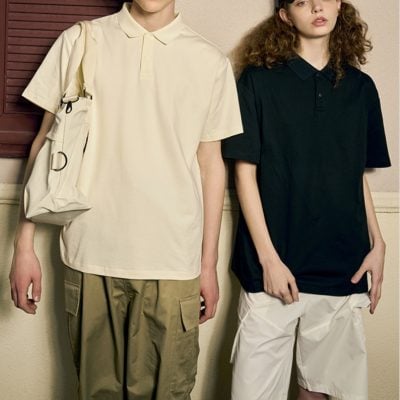 Drop shoulder solid color polo shirt