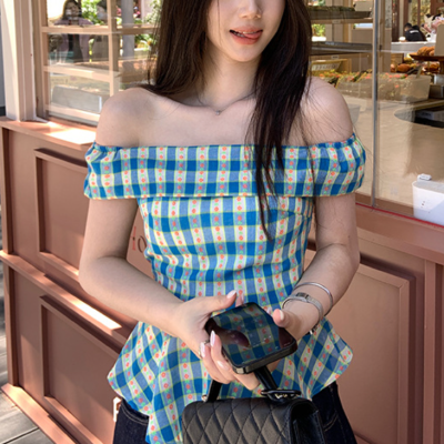 Off-shoulder blue plaid top