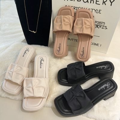 Fold chunky heel slippers