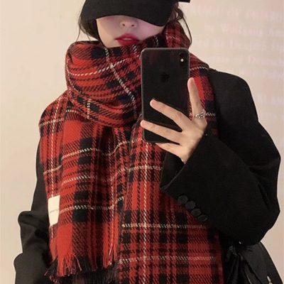 Plaid cashmere-like red scarf