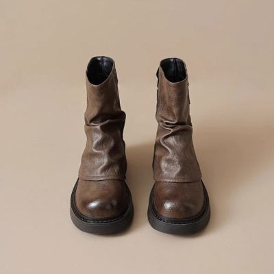 Thick-soled pleated metal suqare buckle boots