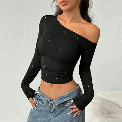 Rhinestone slant shoulder long sleeve top